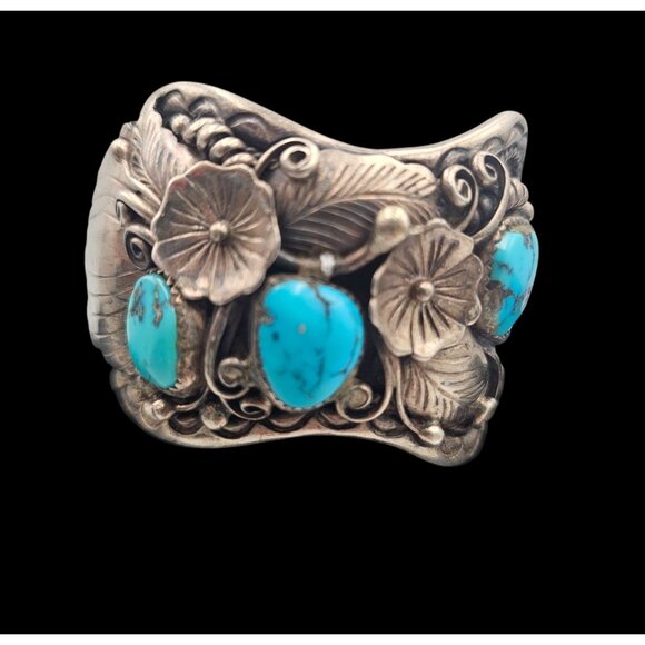 Fred James Vintage Navajo Sterling Silver Turquoise Watch Cuff 90 grms No Watch - Picture 3 of 15